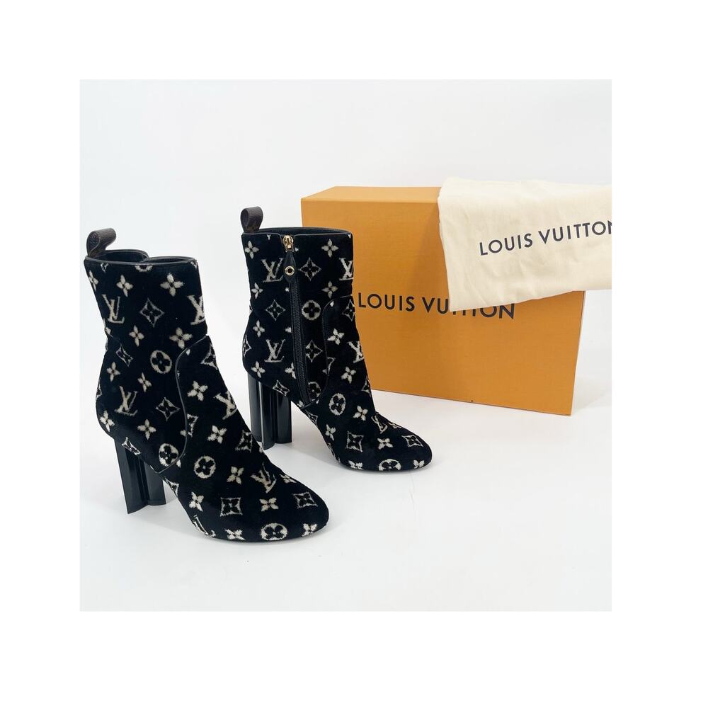 Louis Vuitton Silhouette Black Monogram Velvet Block Heel Ankle Boots EU 37.5